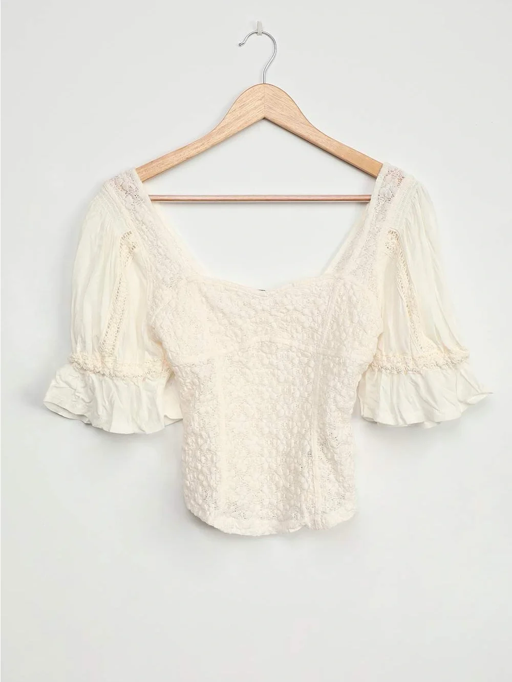 Free People Ivory Lace Square-Neck Puff Sleeve Top
